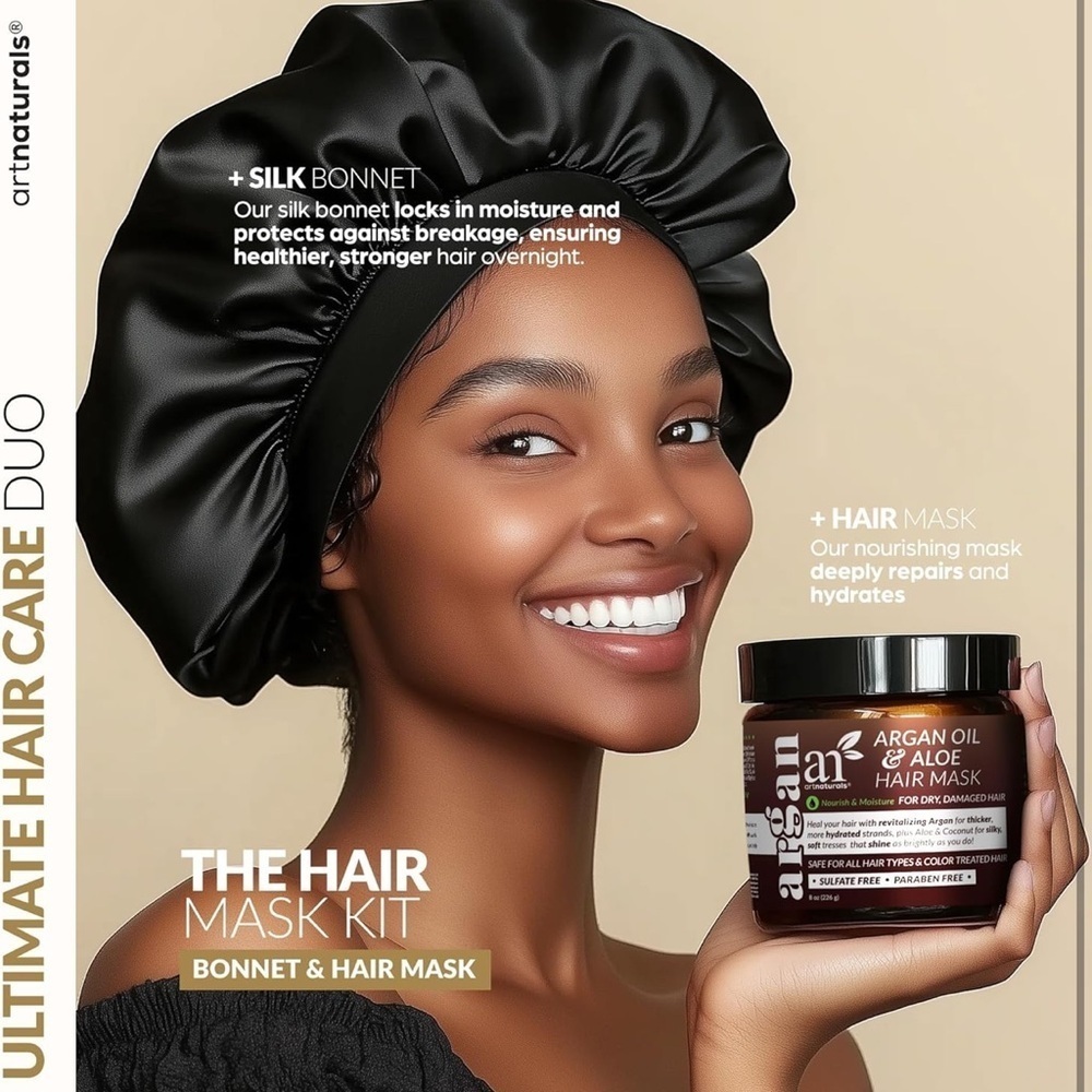 Hair Mask & Silk Bonnet Sleeping Set, Deep Conditioner Leave-In Dry Dama… - Picture 2 of 7